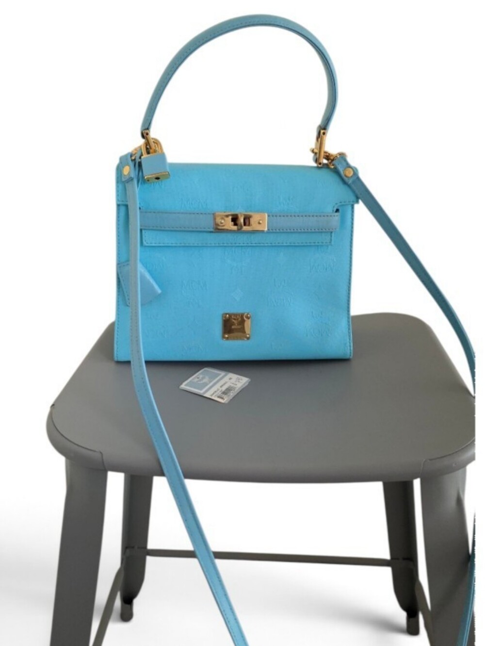 MCM Kelly Style 2-Way Bag, Embossed MCM, Light Blue